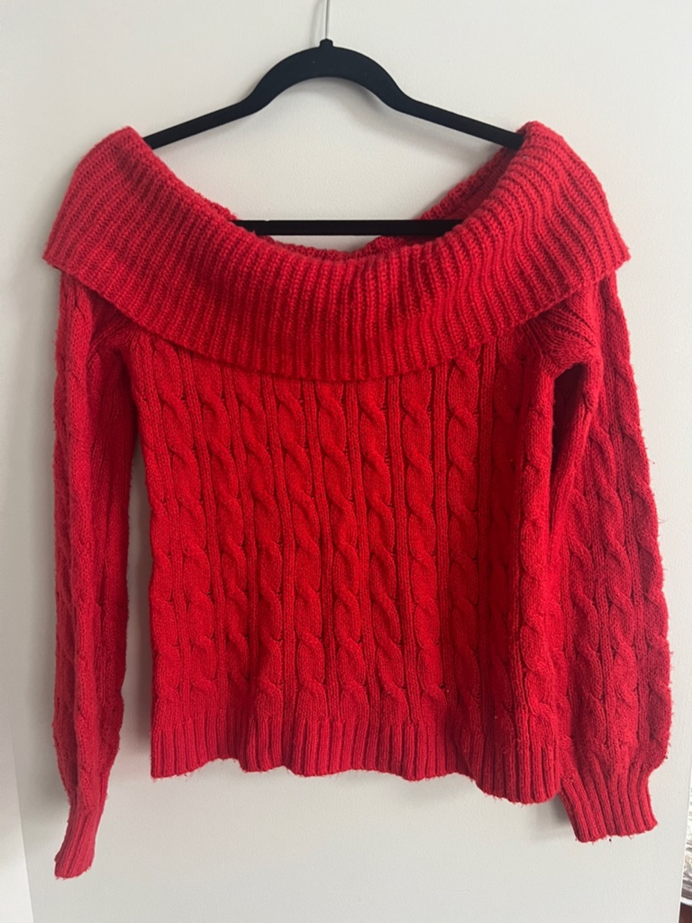 American Eagle Outfitters Bright Red Off-the-Shoulder Cable Knit Sweater, Size M